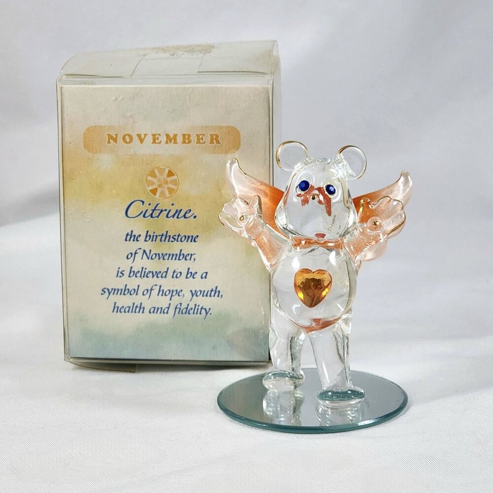 Vintage Crystal Glass Birthstone Angel Bear Figurine November Birthday Citrine